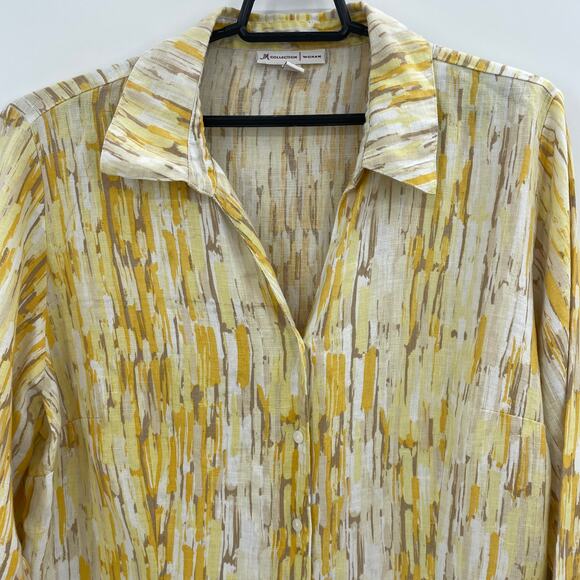 JM COLLECTION Linen Watercolor Print Top Size 20W Button Up 3/4 Sleeve Shirt - Picture 2 of 8
